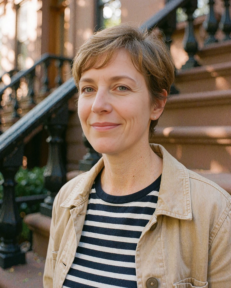 Woman with a short pixie cut in a striped tee and tan jacket on a brownstone stoop, illustrative photo for free dating sites