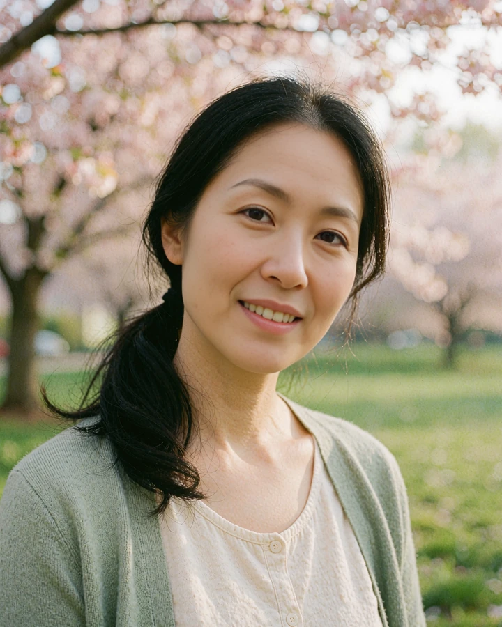 Woman in a sage-green cardigan smiling in a spring park, illustrative dating profile card preview photo