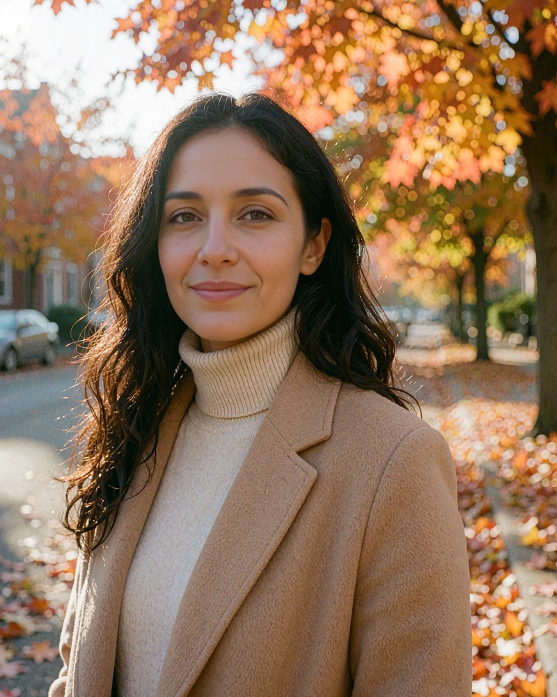 Woman with long dark wavy hair in a camel coat smiling on an autumn street, illustrative photo for comparing dating apps for serious relationships