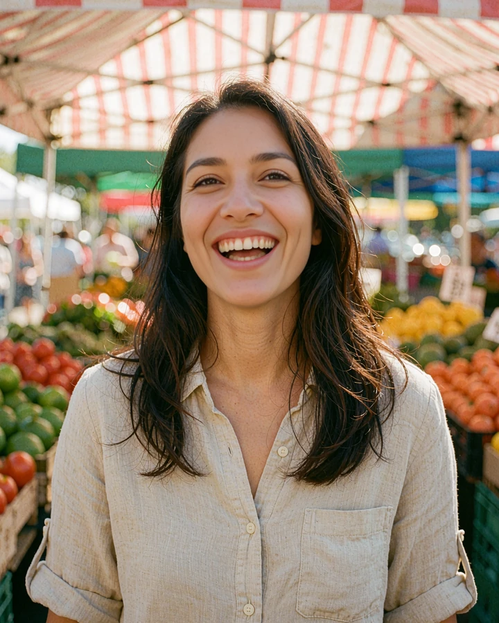 Laughing woman in a linen shirt at an outdoor farmers market, illustrative photo for a dating app profile card