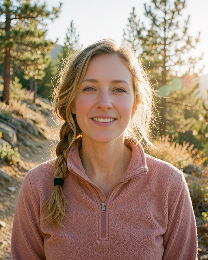 Woman with a side braid in a dusty-rose fleece on a pine hiking trail, illustrative singles profile preview