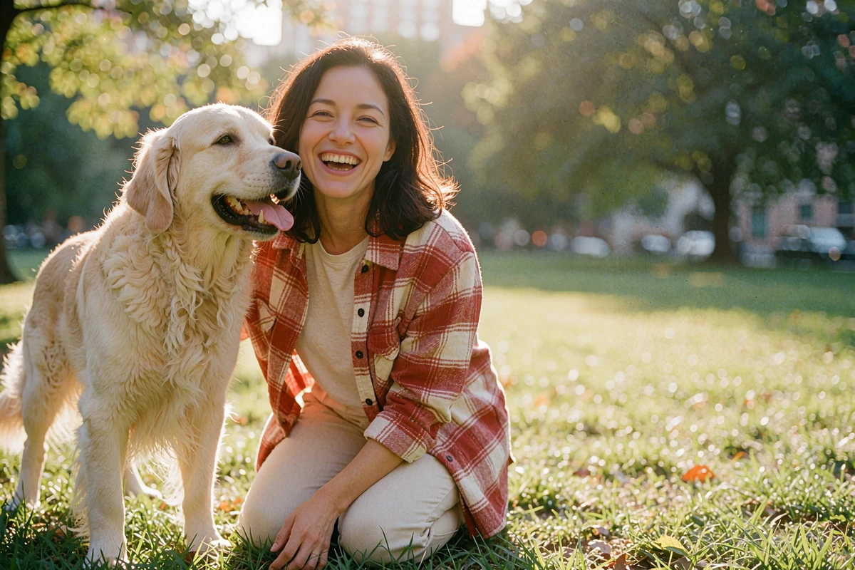 Woman in a flannel shirt laughing with a golden retriever in a sunny park, illustrative candid dating profile photo