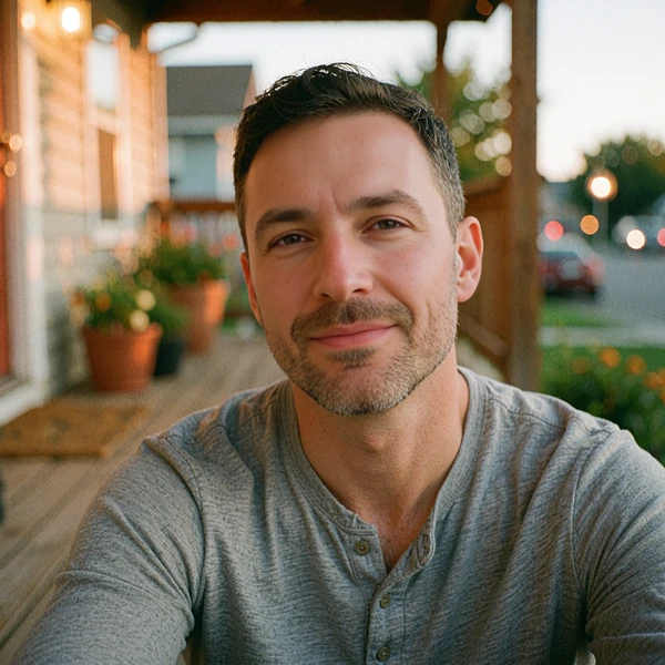 Bearded man in a gray henley on a front porch at dusk, illustrative persona of a paywall-weary single in his 30s