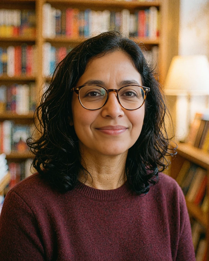 Woman in glasses and a burgundy sweater in a cozy bookstore, illustrative profile photo for a dating site preview