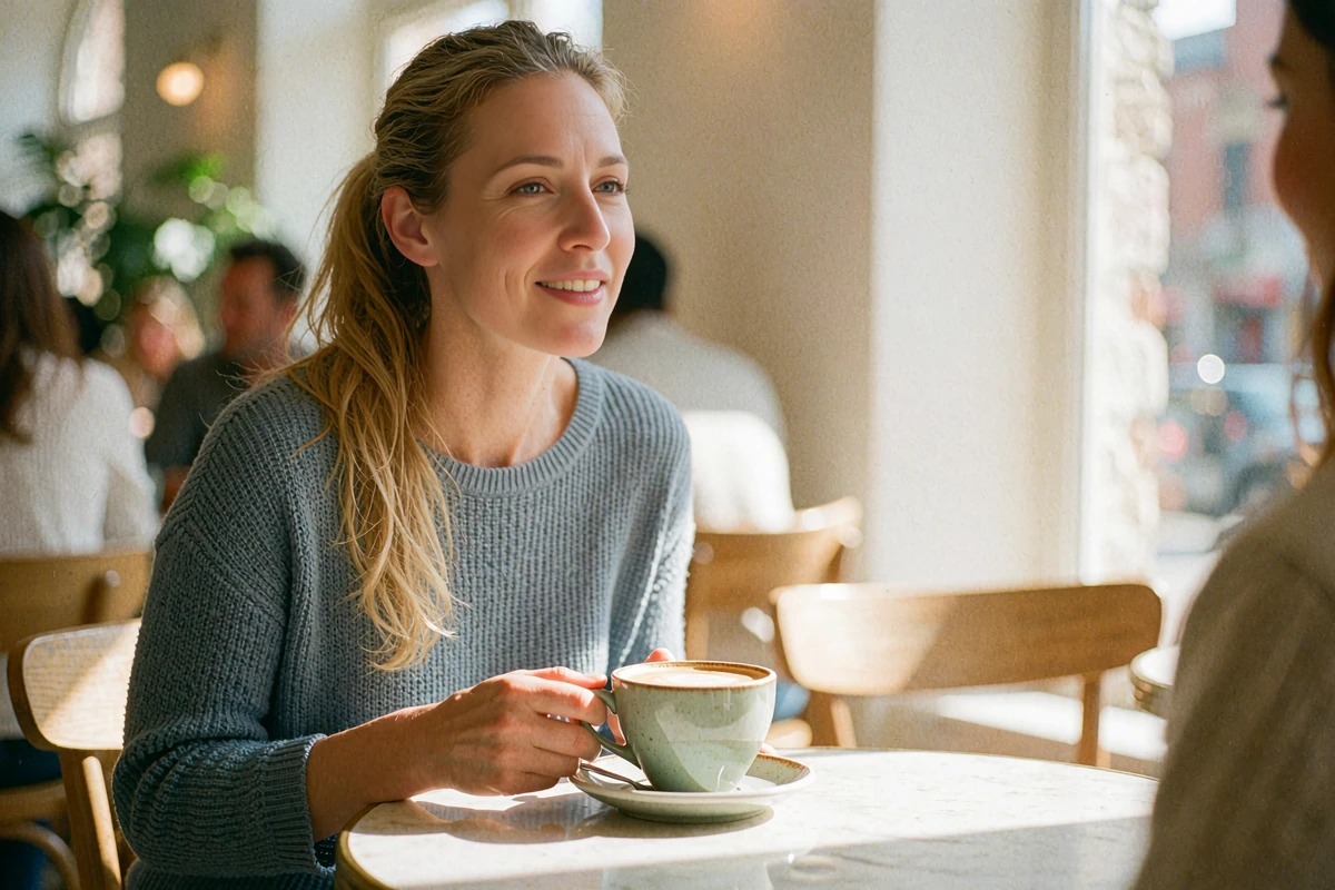 Woman with a dark-blonde ponytail smiling across a small café table by a sunny window, illustrative first date in a public place