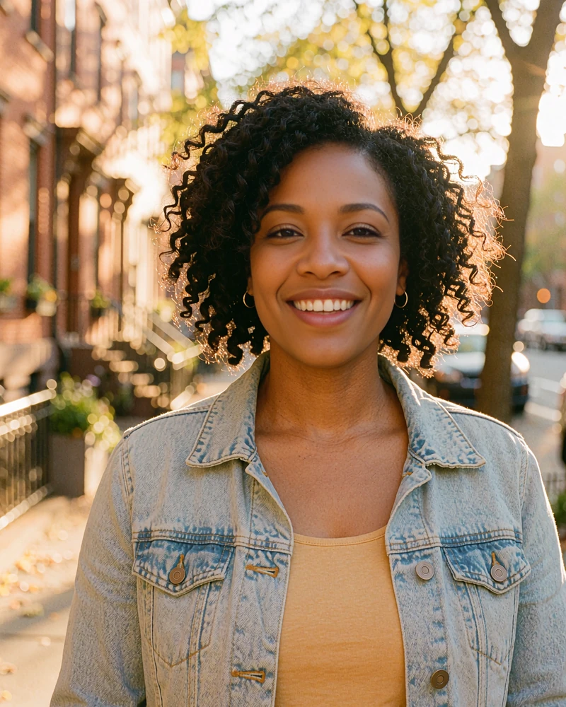 Woman with curly hair in a denim jacket smiling on a city sidewalk at golden hour, illustrative photo to meet singles