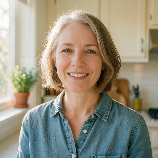 Woman with a silver-streaked bob in a bright kitchen, illustrative persona of someone returning to dating in her 40s